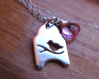 Twitter Little Bird on branch sterling silver and pink topaz necklace