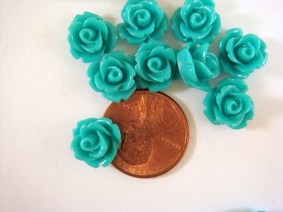 BOGO 10 Teal Flower Cabochon Beads Rose Resin Bead 10mm No