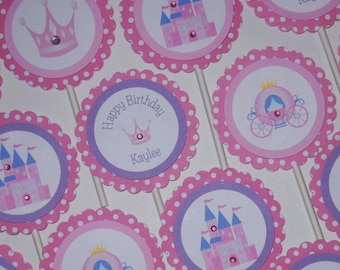 PRINCESS CUPCAKE TOPPERS/ Personalized Girls Pink Birthday/ Set of 12/ Matching Items Available