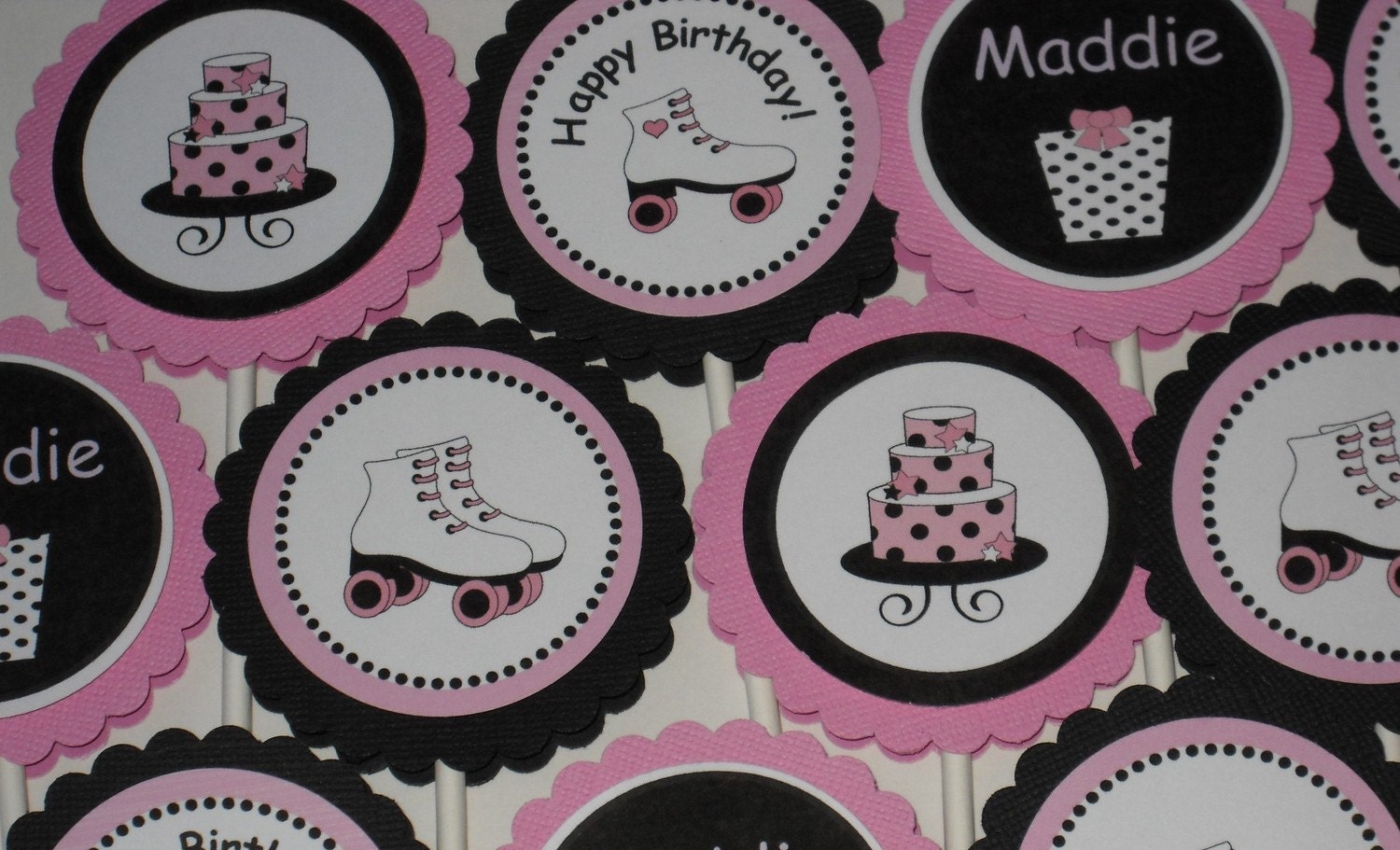ROLLER SKATE CUPCAKE Toppers/ Personalized Pink and Black
