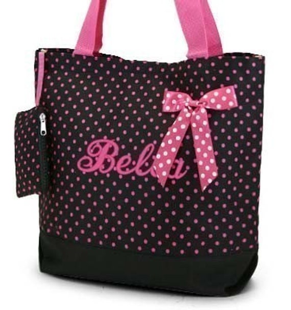 Personalized Tote Bag Black Hot Pink Polka Dots Monogrammed
