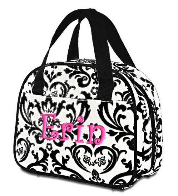Personalized Lunch Bag White Damask Insulated Monogrammed Tote