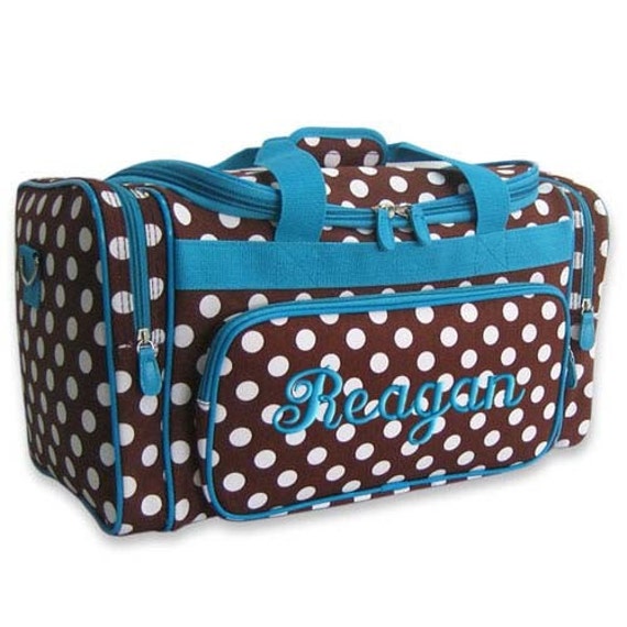 Personalized Duffle Bag Brown White Blue Polka Dots DANCE GYM