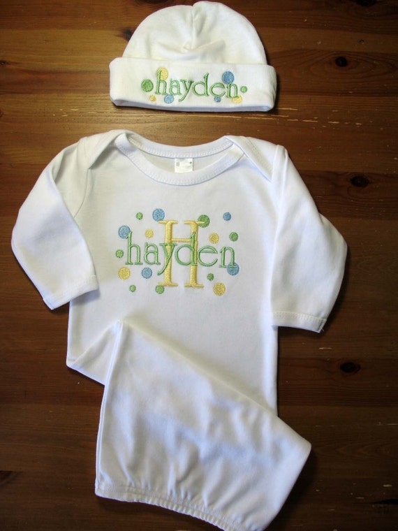 Personalized Baby Set Gown Hat Polka Dots Newborn Beanie Cap
