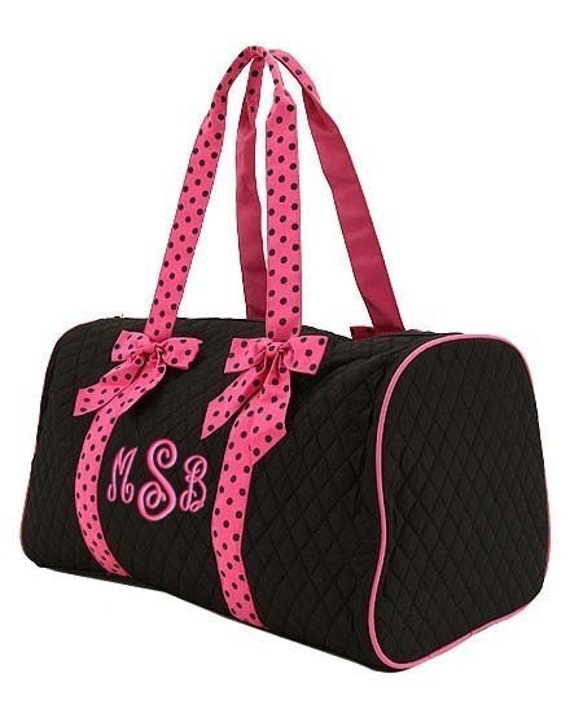 Personalized Duffle Bag Black Hot Pink Polka Dots 21 in DANCE