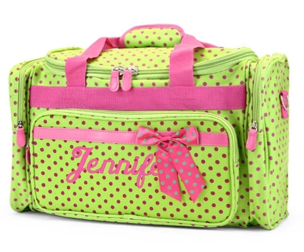 Personalized Duffle Bag Lime Green Pink Polka Dots DANCE GYM