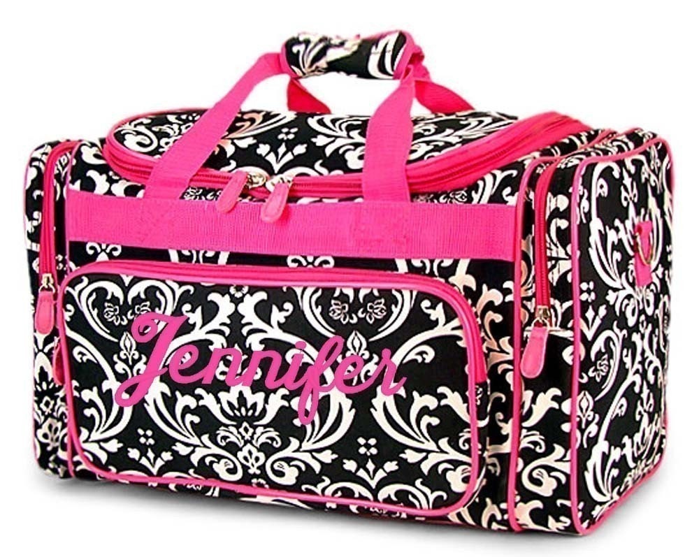 Personalized Duffel Duffle Bag Black Damask Hot Pink Accents