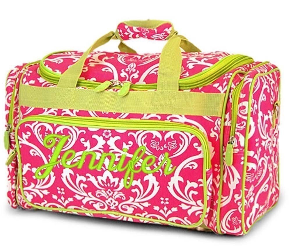 Personalized Duffle Bag Hot Pink Damask Lime Green Accents