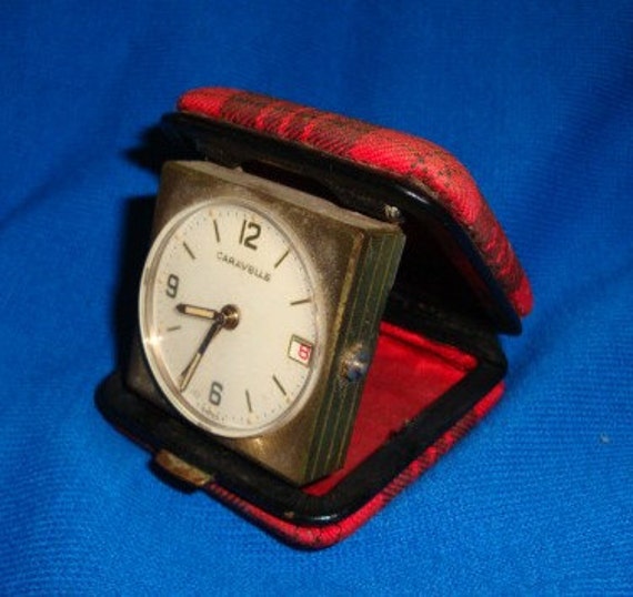 Red Plaid 7 Jewel Swiss Vintage Caravelle Travel Alarm Clock