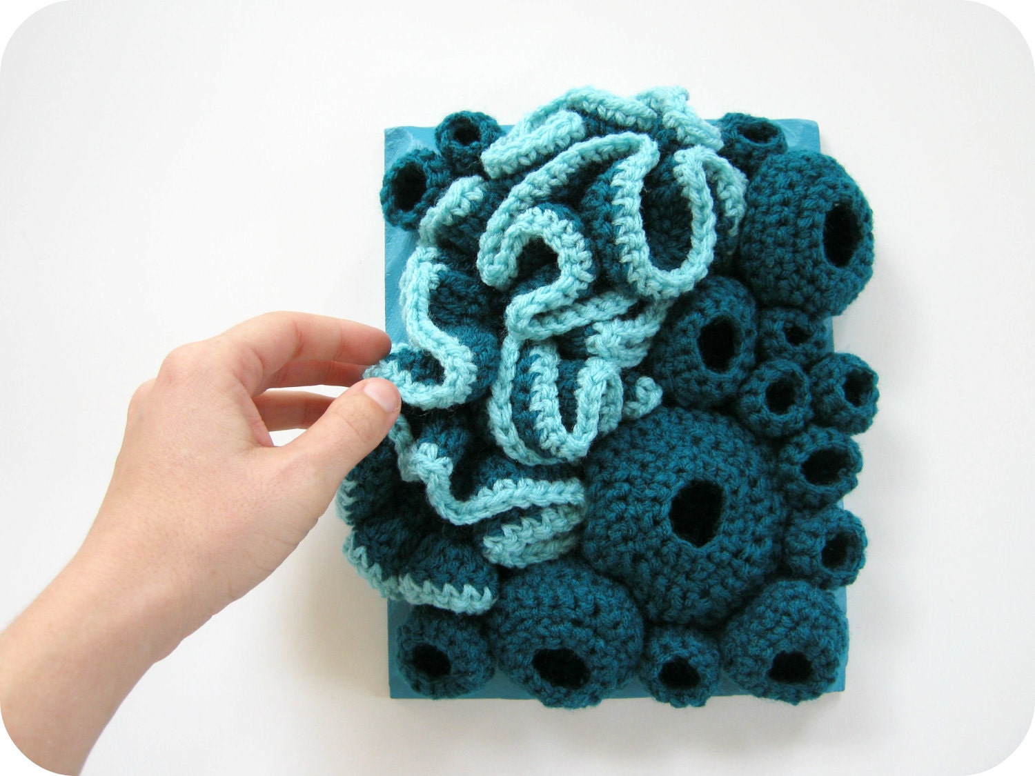 Contemporary Crochet Wall Art Soft Sculpture in Teal and