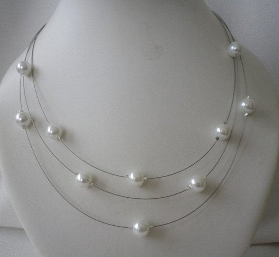 Three Stranded Pure White Floating Pearls Necklace and Earrings Set