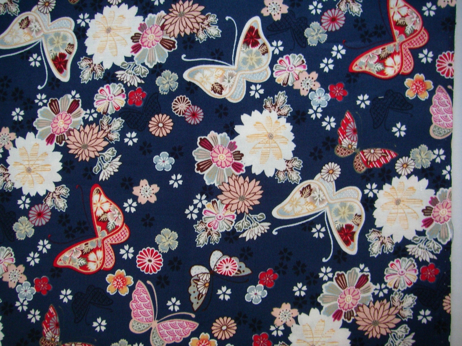 Japanese Flower and Butterfly Print Fabric Navy