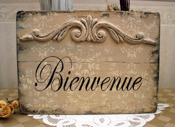 Bienvenue Welcome French shabby cottage chippy sign signs by