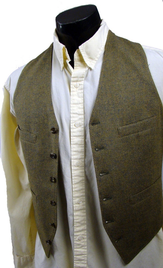 Vintage Mens Green Tweed Wool Vest with Fabulous Lining M