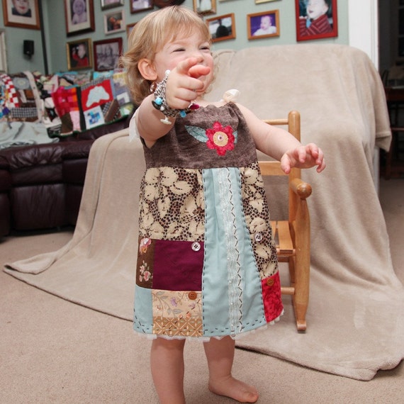 Toddler Dress Quilted Appliqued Original Design Brown