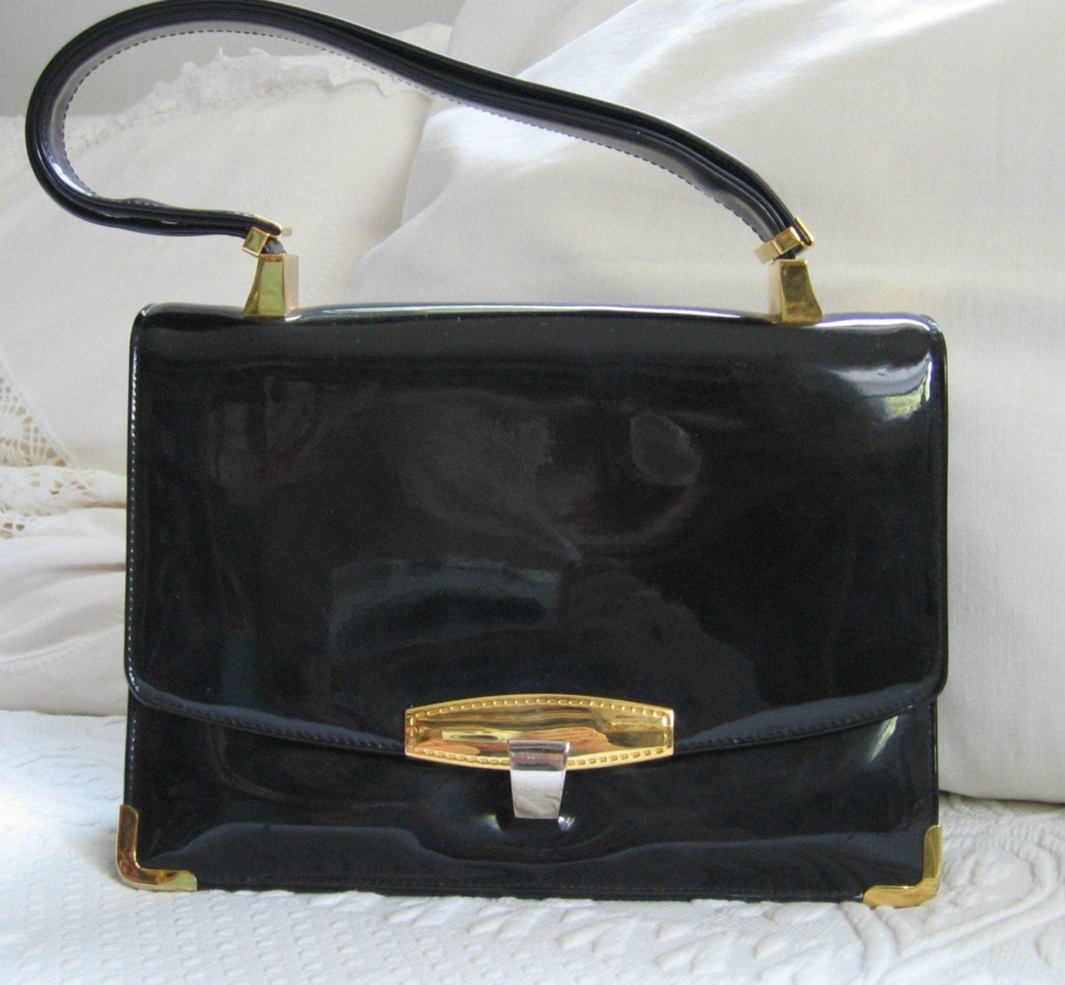 black and white patent leather purse