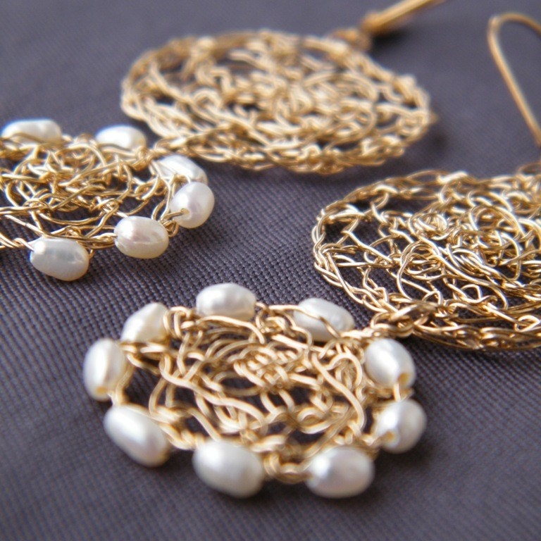 Lace Earrings Crochet Gold Filled Wire and Pearls