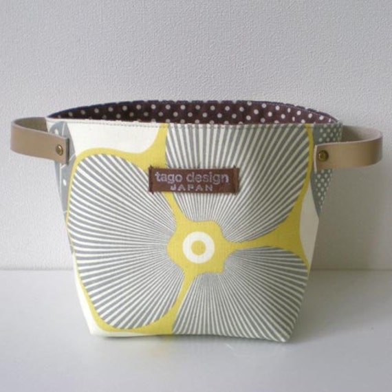 Fabric basket with leather handles Optic blossom Yellow