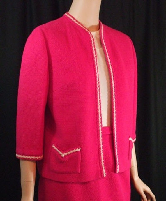 Vintage 1960s Hot Pink Butte Knit Suit Skirt Jacket Sz Small