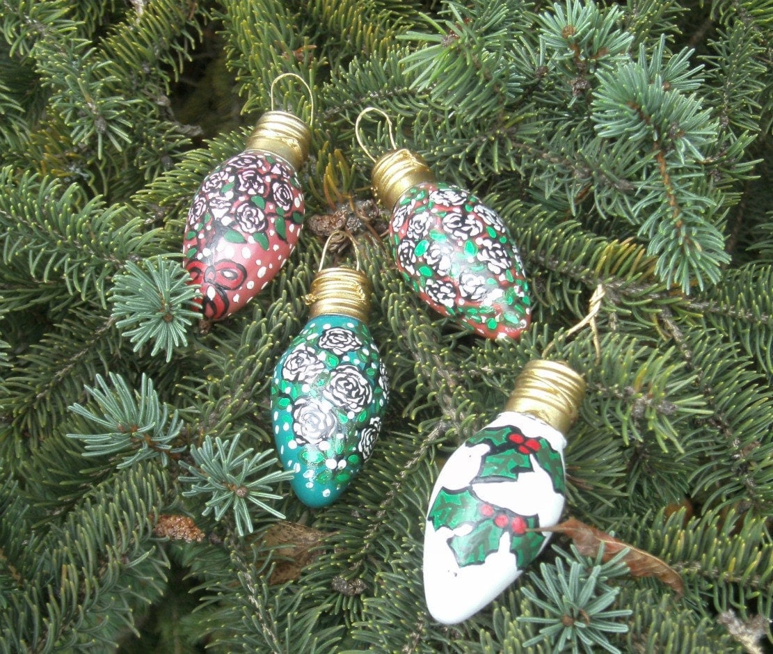 Light Bulb Ornaments Hand Painted Roses and Ivy Vintage