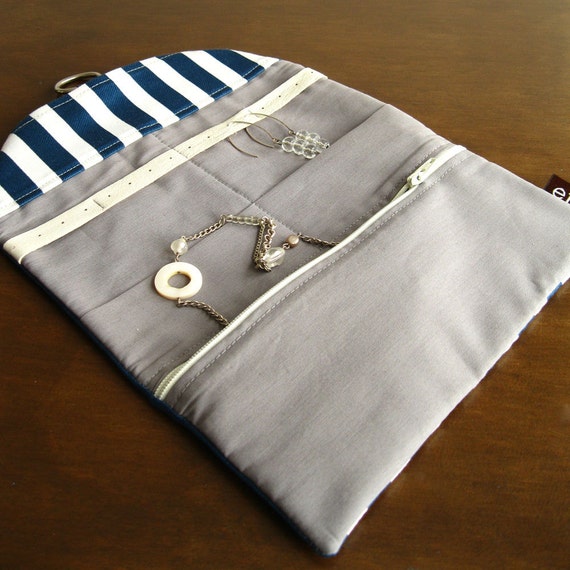 Jewelry Travel Organizer Clutch Teal Stripes