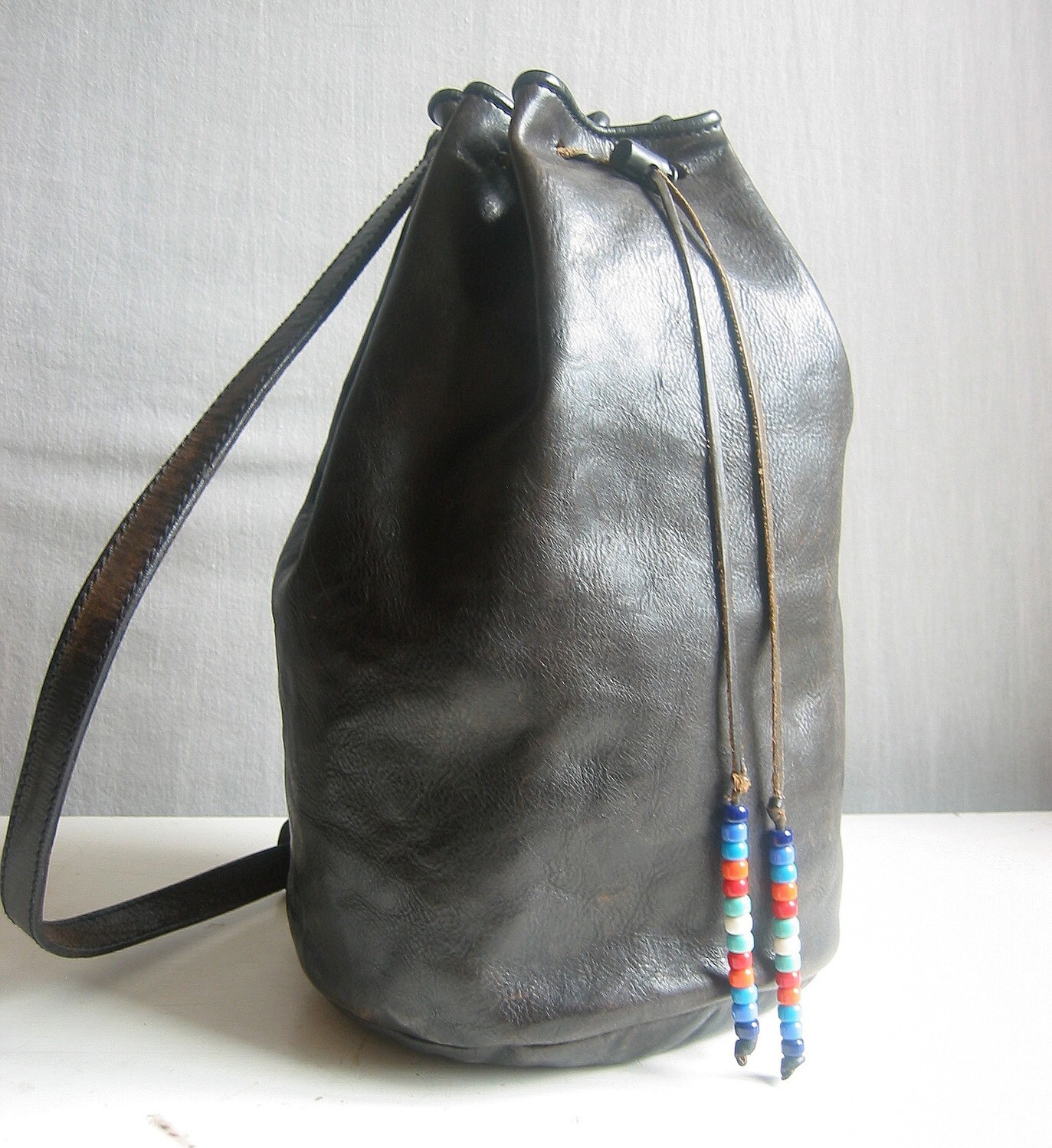 Vintage Black Leather Cinch Bucket Purse by GazeboTree on Etsy