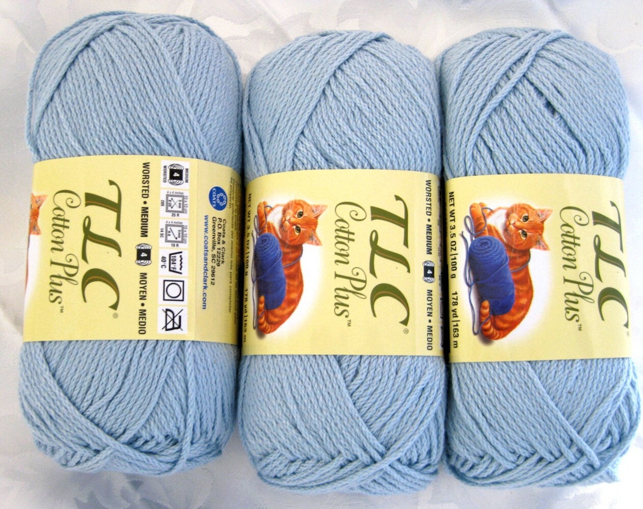 TLC Cotton Plus Cotton blend yarn light blue 3 balls by crochetgal