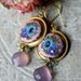 Reserved - Blue Topaz quartz , Mauve Pink Chalcedony gemstone earrings with Brass filigree and Clay floral details - A Stroll in the Garden