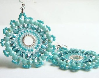 Turquoise and Teal Blue Mandala Earrings, Beadwork Earrings,Aqua Blue Crystal Earrings