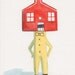 Original watercolor small painting postcard size art work Red dream house