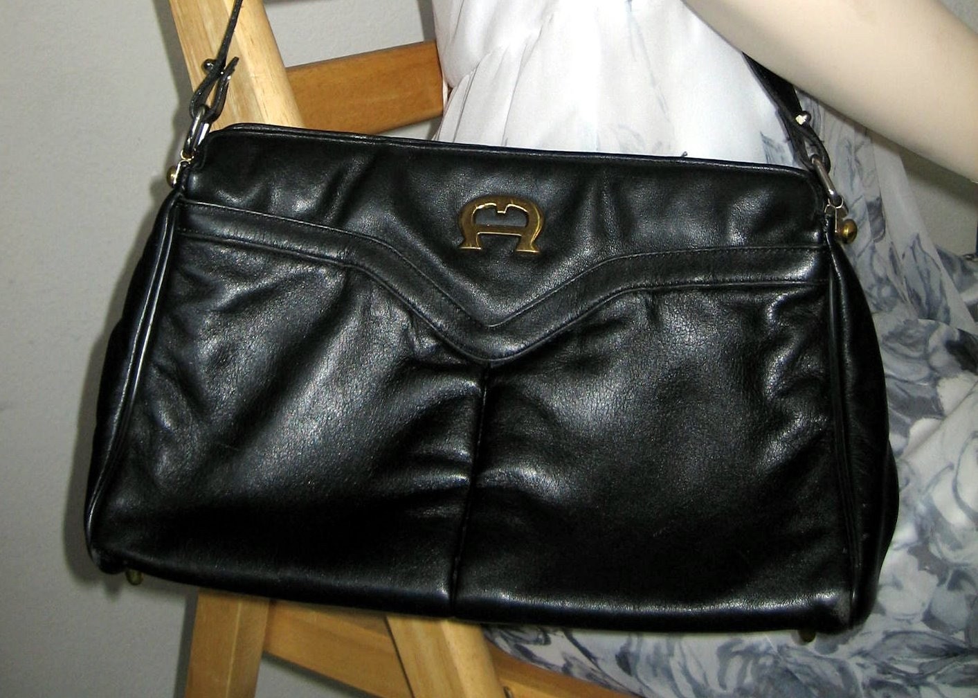 Vintage Black Leather Handbag Etienne Aigner Designer Purse