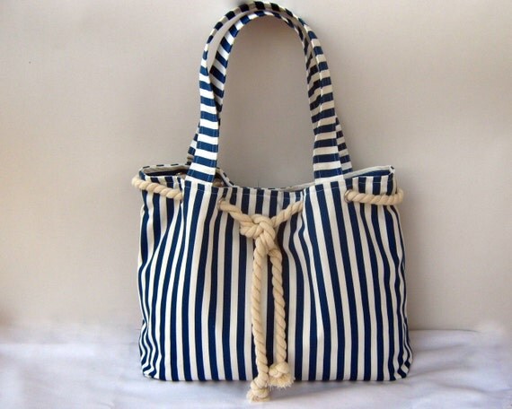 navy and white striped handbag