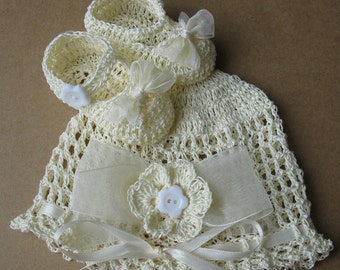 Crocheted Baby Girl Hat and Booties Set