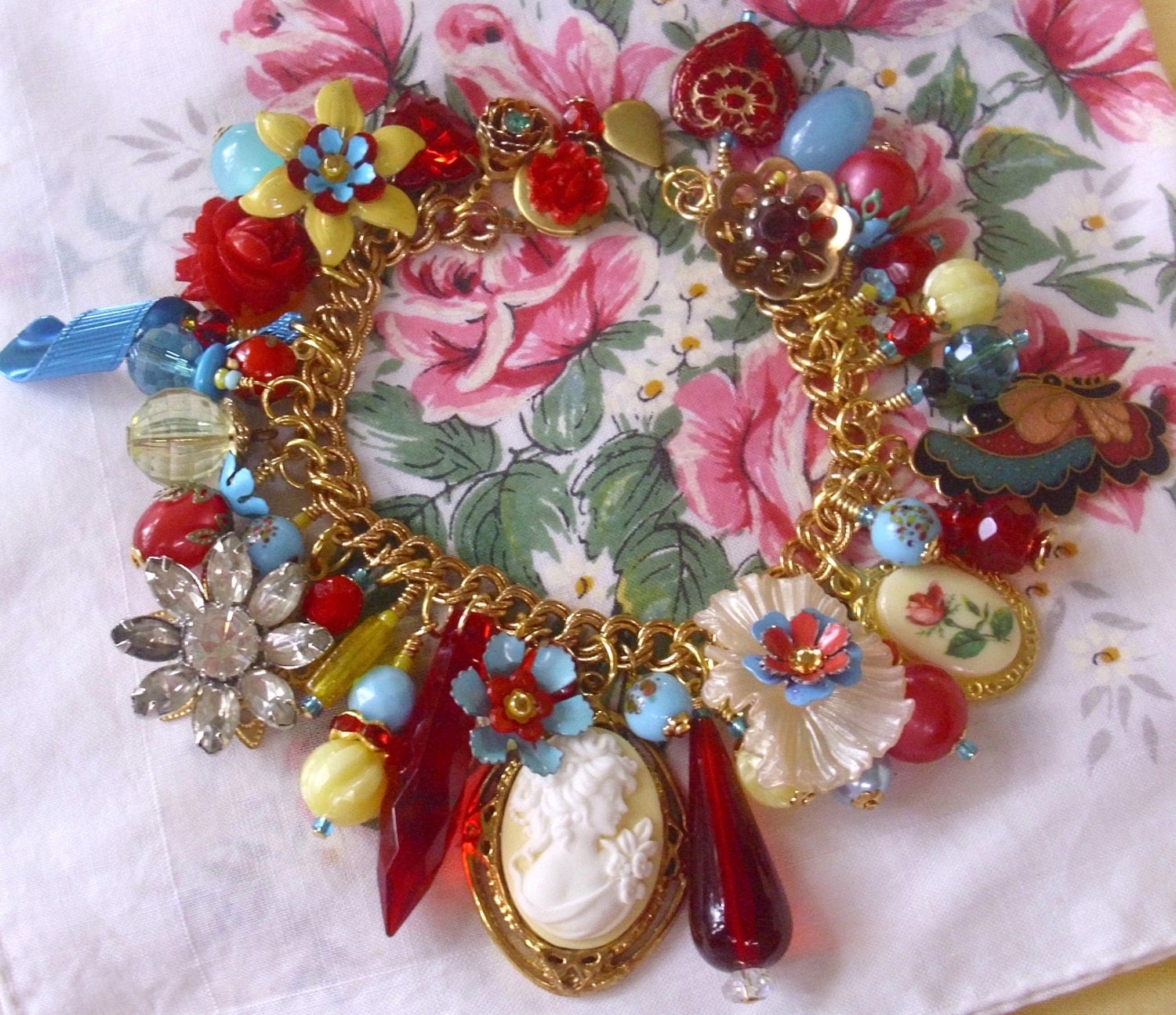 Fun Feminine Floral Cameo Eclectic Charm Bracelet