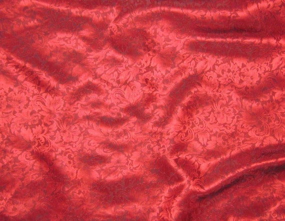 Silk Jacquard Fabric - Red Leaves Scroll - 1/3 Yard