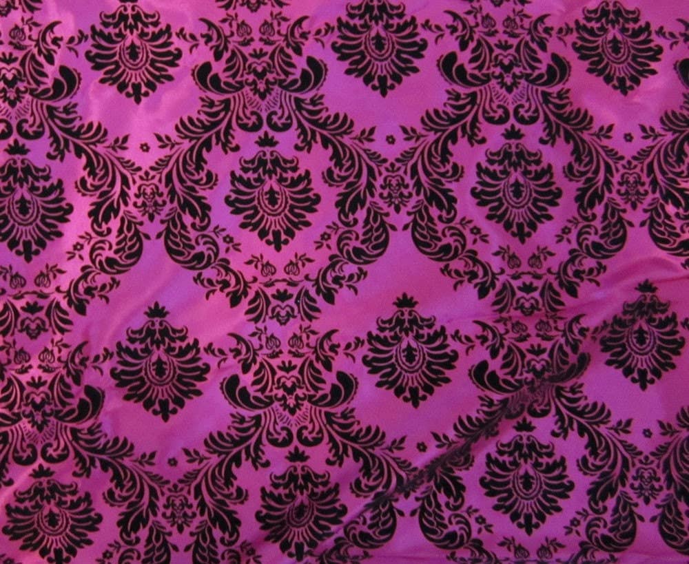 TAFFETA Fabric Hot Pink and Black Flocked Damask 1 Yard