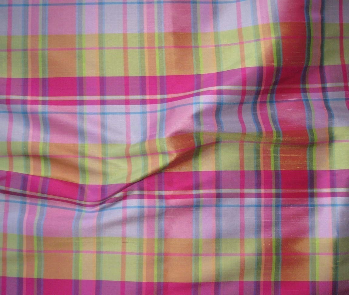 Pink and Lime Plaid Silk DUPIONI Fabric 1/4 yard from silkfabric on