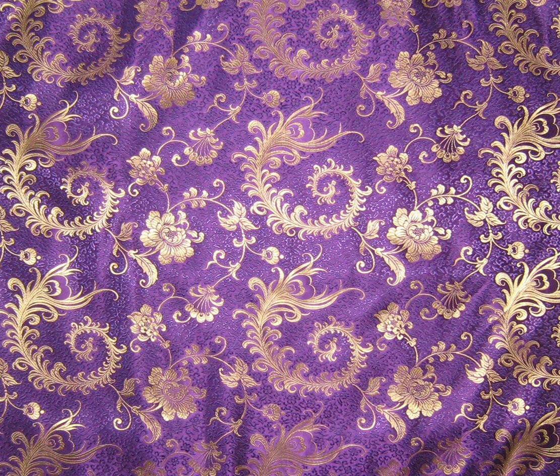 Purple and Gold FEATHER FLORAL Silk Brocade Fabric 1 Yard