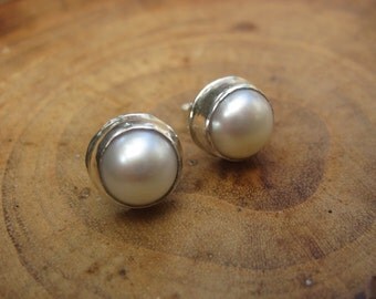 Handmade White Pearl Sterling Silver Studs Post Earrings 8mm