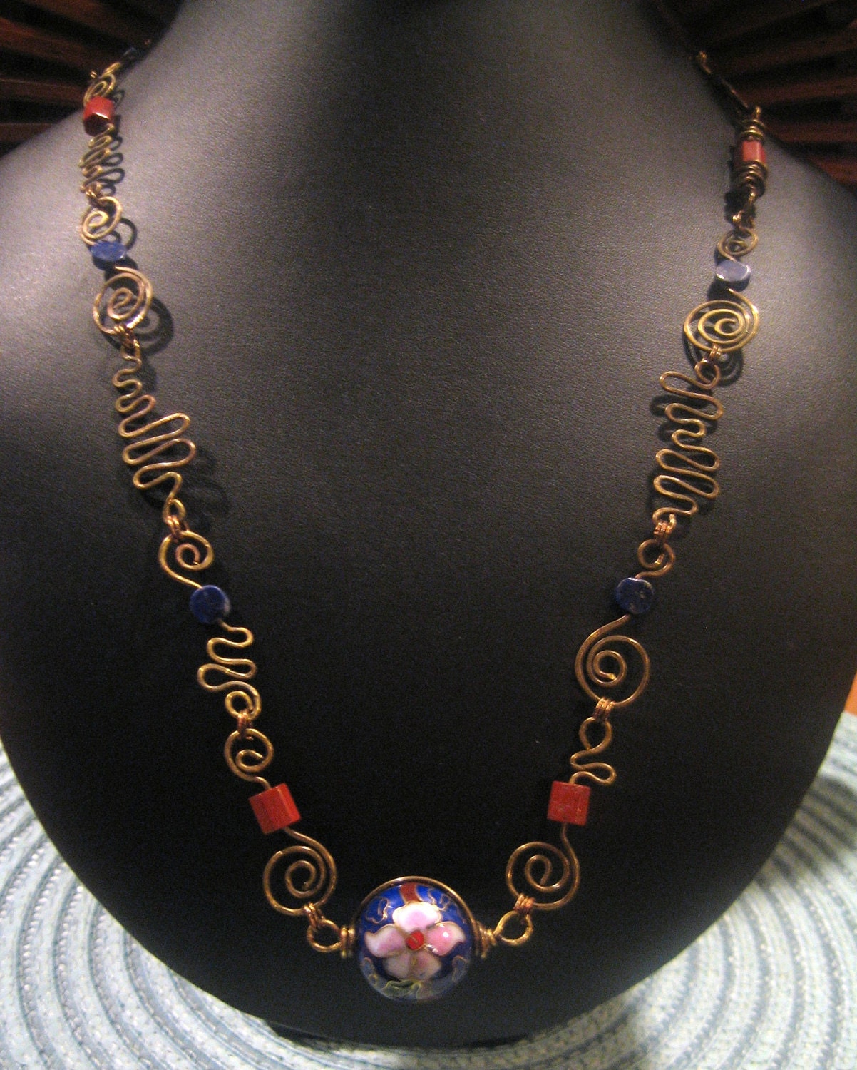 Free Form Antiqued Brass Wire Necklace W Lapis Jasper