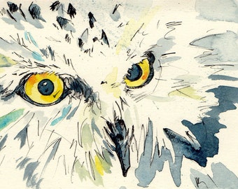 Owl Stare - Watercolor and Ink Painting Reproduction of an Owl's Face - Print of Original Art by Jen Tracy