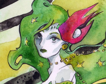 Print of Watercolor and Ink Painting of Rydia from Final Fantasy - Video Game Fan Art by Jen Tracy
