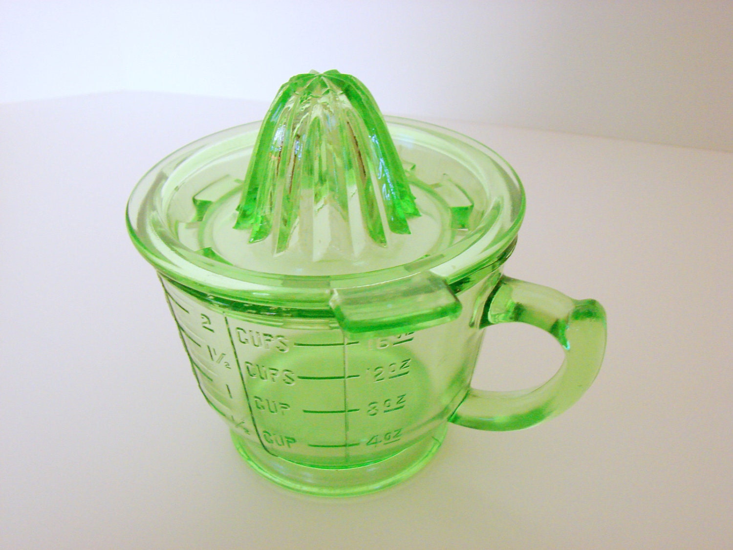 Green Depression Glass Measuring Cup with Reamer