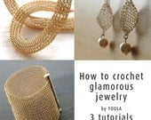 How to wire crochet glamorous jewelry tutorials crochet patterns tube necklace pearl drop earrings wide cuff bracelet