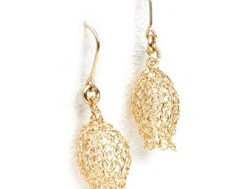 Dangle knitted gold earrings Pomegranate earrings Wire crochet handmade earrings unique gold filled jewelry