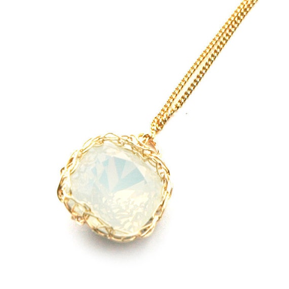 glass necklace white opal Pendant necklace gold wire crochet pendant ...