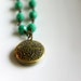 Locket Necklace, Green Beaded, Pea Green, Kelly Green, Antiqued Brass Necklace