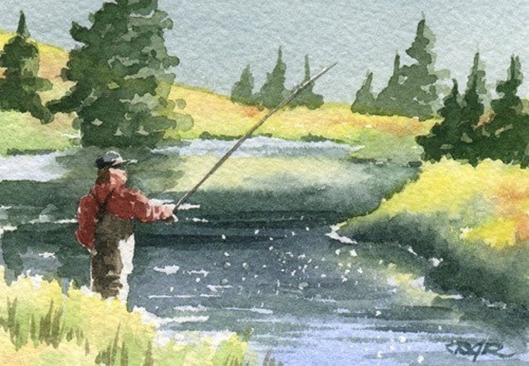 FLY FISHING Watercolor Signed Fine Art Print by by k9artgallery