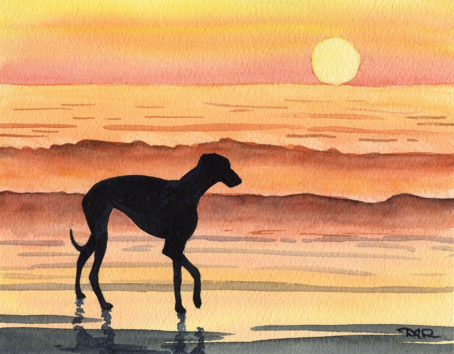 GREYHOUND SUNSET Dog Watercolor Art Print Signed by Artist DJ