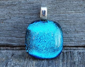 Caribbean Blue Dichroic Fused Glass Pendant Petite Size